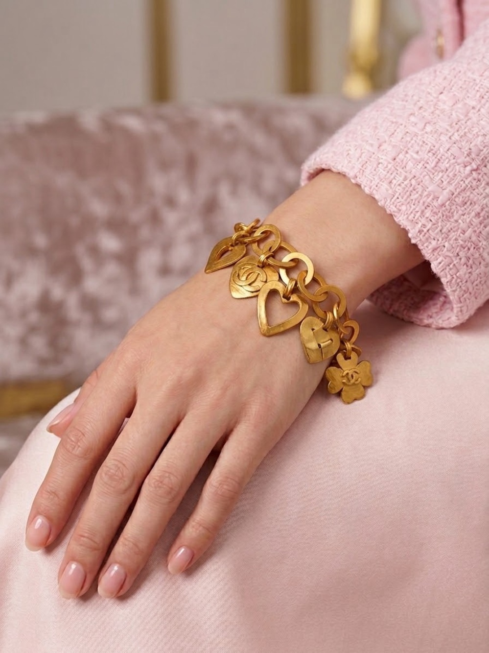 Chanel Collectible Gold-Tone Heart Charm Bracelet from 1995 Barbie Collection
